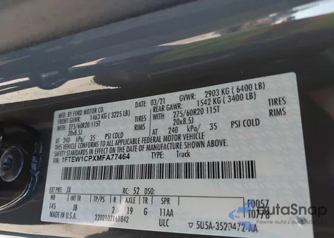 2021 Ford F-150 Xl из США, поврежденный, VIN 1FTEW1CPXMFA77464